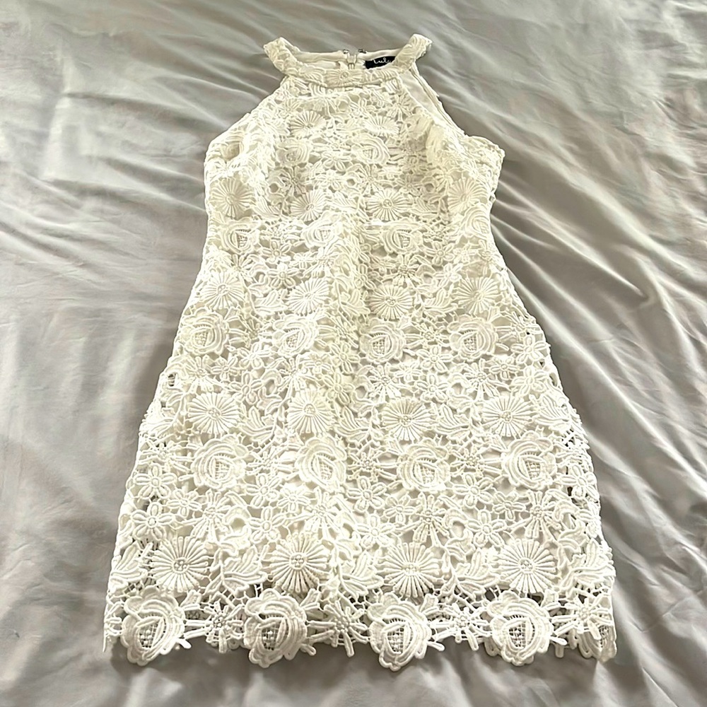 Lulu’s white halter shirt Love Poem Ivory Lace Mini Dress